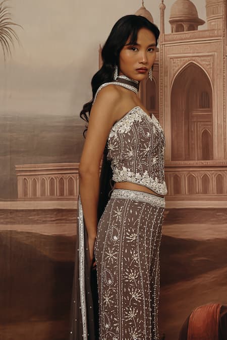 Sabe_Charcoal Georgette, Net Pearls, Sequins, Inara Chikankari Sharara Set _Online_at_Aza_Fashions