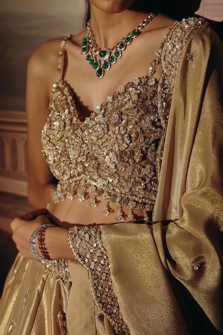 Shop_Sabe_Gold Tissue, Net Sequins, Stones, Metallic Thread, Beads, Saba Lehenga Set _Online_at_Aza_Fashions