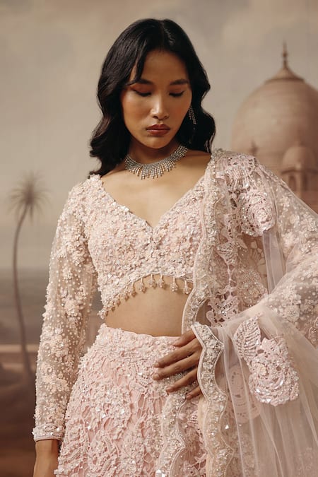 Buy Sabe Pink Net Sequins, Pearls, Embroidery V-neck Mehr Hand Lehenga Set Online at Aza Fashions Buy_Sabe_Pink Net Sequins, Pearls, Embroidery V-neck Mehr Hand Lehenga Set _Online_at_Aza_Fashions