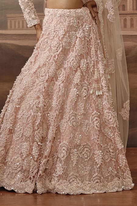 Shop Sabe Pink Net Sequins, Pearls, Embroidery V-neck Mehr Hand Lehenga Set Online at Aza Fashions Shop_Sabe_Pink Net Sequins, Pearls, Embroidery V-neck Mehr Hand Lehenga Set _Online_at_Aza_Fashions