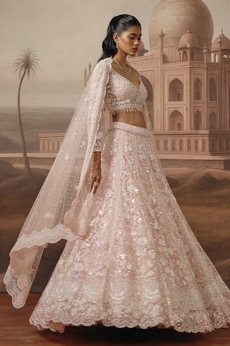 Sabe_Pink Net Sequins, Embroidery, Stones Sweetheart Neck Shama Lehenga Set _Online_at_Aza_Fashions