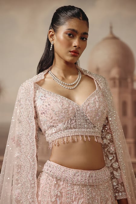 Buy_Sabe_Pink Net Sequins, Embroidery, Stones Sweetheart Neck Shama Lehenga Set _Online_at_Aza_Fashions