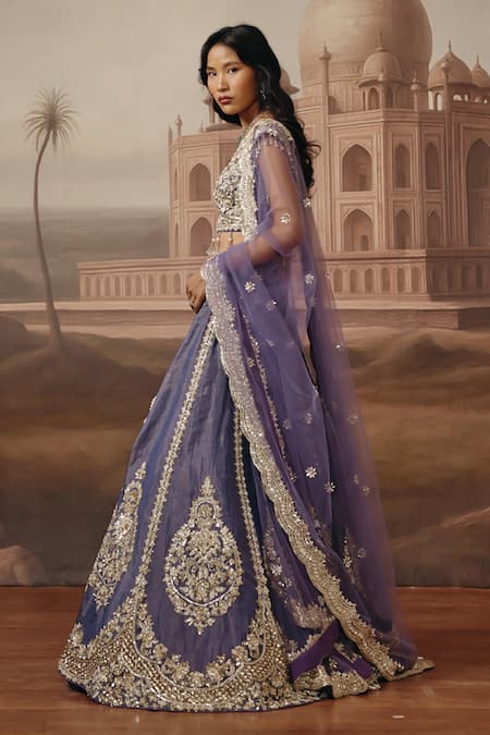 Shop_Sabe_Purple Tissue, Net Sequins, Pearls, Metallic Khwahish Embroidered Lehenga Set _Online_at_Aza_Fashions