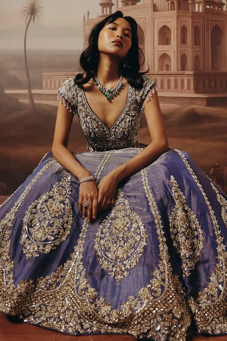 Sabe_Purple Tissue, Net Sequins, Pearls, Metallic Khwahish Embroidered Lehenga Set _at_Aza_Fashions
