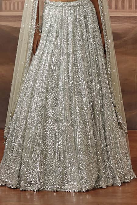 Shop_Sabe_Grey Net Mirrors, Crystals, Sequins, Embroidery V-neck Naaz Hand Lehenga Set _Online_at_Aza_Fashions
