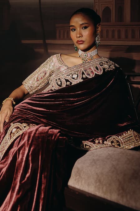 Sabe Wine Velvet, Brocade Embroidery, Zari, Tassels, Samaara Saree With Blouse Online at Aza Fashions Sabe_Wine Velvet, Brocade Embroidery, Zari, Tassels, Samaara Saree With Blouse _Online_at_Aza_Fashions