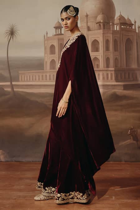 Sabe_Wine Velvet Embroidery, Sequins V-neck Rukhsar Kaftan And Bell Bottom Pant Set _Online_at_Aza_Fashions
