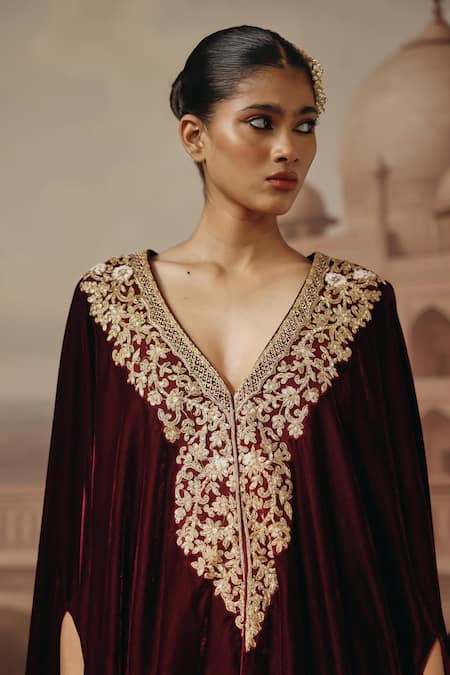 Buy_Sabe_Wine Velvet Embroidery, Sequins V-neck Rukhsar Kaftan And Bell Bottom Pant Set _Online_at_Aza_Fashions
