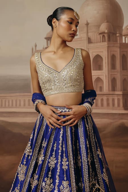 Sabe_Blue Silk, Tissue, Net Sequins, Zari, Embroidery, Tassels Iraaya Lehenga Set _Online_at_Aza_Fashions