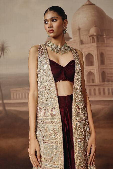 Buy_Sabe_Green Net, Velvet Embroidery, Applique Open Neck, Zohra Jacket Palazzo Set _Online_at_Aza_Fashions
