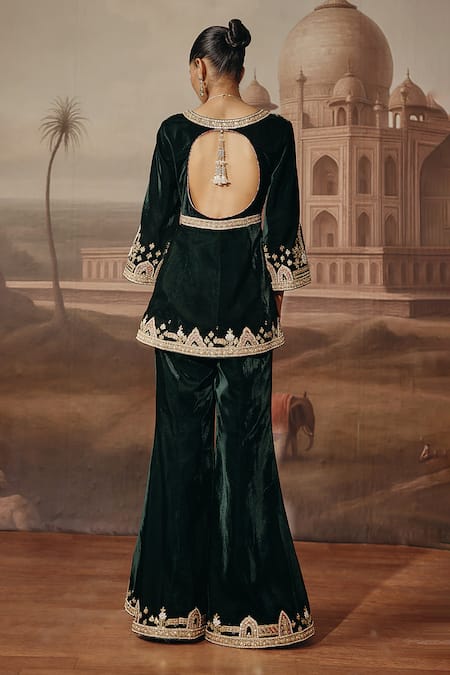 Sabe Nayla Embroidered Velvet Peplum Kurta & Pant Set 