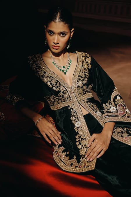 Buy Sabe Emerald Green Velvet Embroidery, Metallic Thread Nayla Peplum Kurta And Pant Set Online at Aza Fashions Buy_Sabe_Emerald Green Velvet Embroidery, Metallic Thread Nayla Peplum Kurta And Pant Set _Online_at_Aza_Fashions