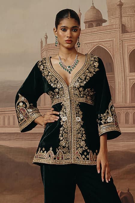 Shop Sabe Emerald Green Velvet Embroidery, Metallic Thread Nayla Peplum Kurta And Pant Set Online at Aza Fashions Shop_Sabe_Emerald Green Velvet Embroidery, Metallic Thread Nayla Peplum Kurta And Pant Set _Online_at_Aza_Fashions