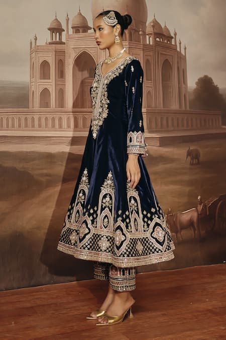 Sabe_Navy Velvet Embroidery, Metallic Thread Split V-neck Meher Anarkali And Pant Set _Online_at_Aza_Fashions
