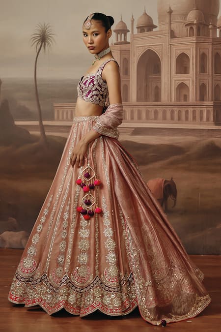 Sabe_Pink Silk, Tissue Embroidery, Sequins, Pearls, Gulbahar Shimmer Lehenga Set _at_Aza_Fashions