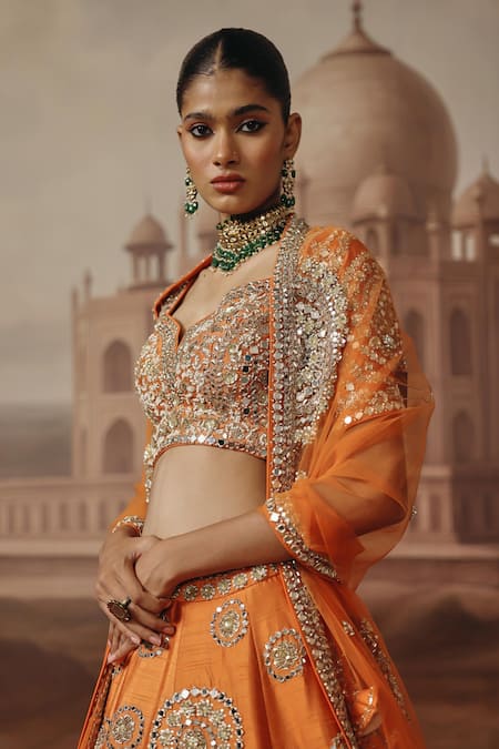 Sabe_Orange Silk, Net Mirrors, Zari, Beads, Pearls, Sequins, Kesar Motif Lehenga Set _Online_at_Aza_Fashions