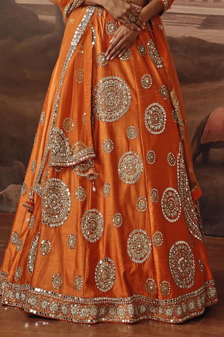 Sabe_Orange Silk, Net Mirrors, Zari, Beads, Pearls, Sequins, Kesar Motif Lehenga Set _at_Aza_Fashions