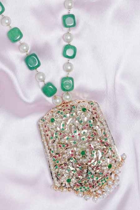 Queens Jewels Multi Color Green Pearl Multicolour Jadau Pendant Necklace Online at Aza Fashions Queens Jewels_Multi Color Green Pearl Multicolour Jadau Pendant Necklace _Online_at_Aza_Fashions