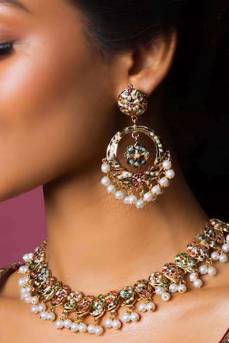 Shop Queens Jewels Multi Color Beads, Pearls, Gemstones Regal Navratan Jadau Choker Necklace Set Online at Aza Fashions Shop_Queens Jewels_Multi Color Beads, Pearls, Gemstones Regal Navratan Jadau Choker Necklace Set _Online_at_Aza_Fashions