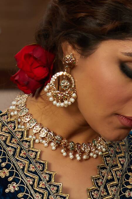 Queens Jewels Multi Color Beads, Pearls, Gemstones Regal Navratan Jadau Choker Necklace Set at Aza Fashions Queens Jewels_Multi Color Beads, Pearls, Gemstones Regal Navratan Jadau Choker Necklace Set _at_Aza_Fashions