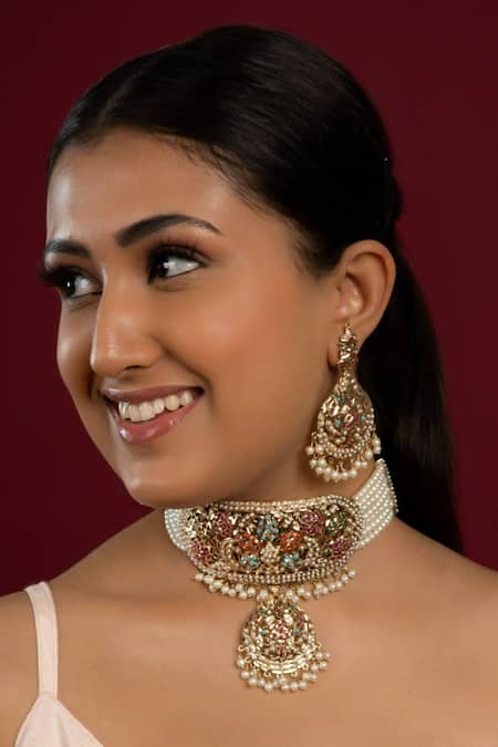 Queens Jewels Bridal Navratan Jadau Neckhugging Choker Set 