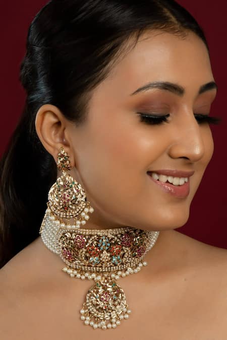 Queens Jewels Multi Color Beads, Pearls, Stones Bridal Navratan Jadau Neckhugging Choker Set Online at Aza Fashions Queens Jewels_Multi Color Beads, Pearls, Stones Bridal Navratan Jadau Neckhugging Choker Set _Online_at_Aza_Fashions