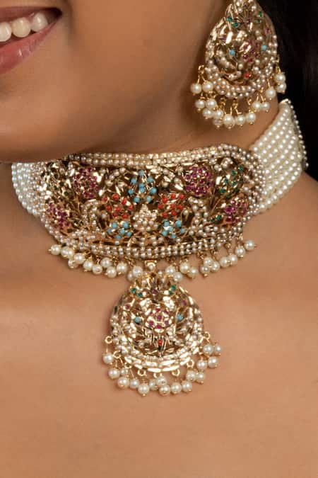 Shop Queens Jewels Multi Color Beads, Pearls, Stones Bridal Navratan Jadau Neckhugging Choker Set Online at Aza Fashions Shop_Queens Jewels_Multi Color Beads, Pearls, Stones Bridal Navratan Jadau Neckhugging Choker Set _Online_at_Aza_Fashions