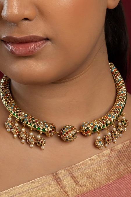 Buy_Queens Jewels_Multi Color Vibrant Jadau Sonamoti Hasli Choker Necklace _Online_at_Aza_Fashions