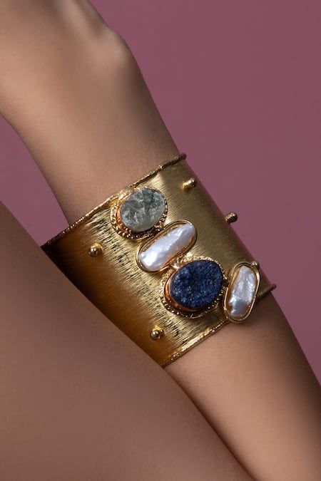 Queens Jewels Gold Plated Stones, Pearls Semi Precious Adjustable Cuff Online at Aza Fashions Queens Jewels_Gold Plated Stones, Pearls Semi Precious Adjustable Cuff _Online_at_Aza_Fashions