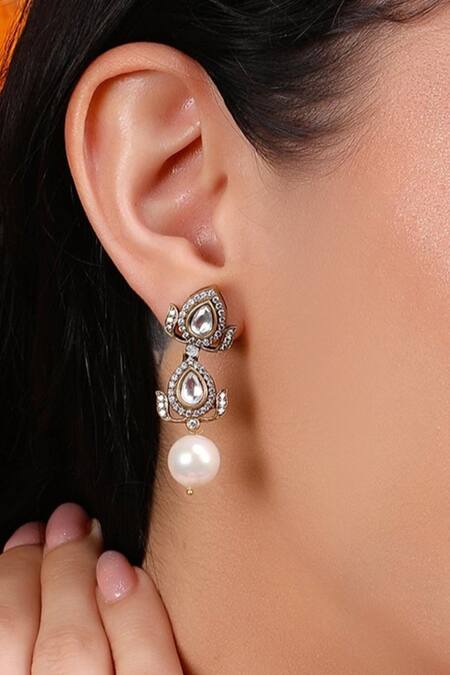 Queens Jewels_White Pearls, Stones Double Polki Dangler Earrings _Online_at_Aza_Fashions
