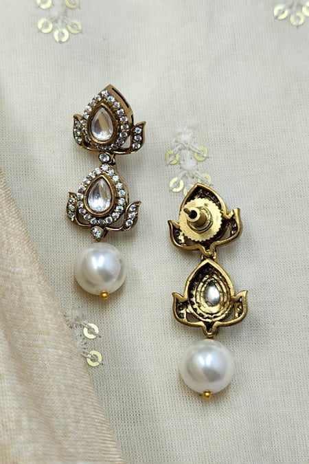 Buy_Queens Jewels_White Pearls, Stones Double Polki Dangler Earrings _Online_at_Aza_Fashions