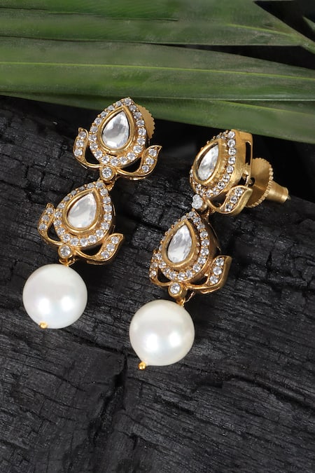 Shop_Queens Jewels_White Pearls, Stones Double Polki Dangler Earrings _Online_at_Aza_Fashions