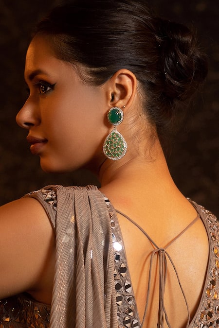 Queens Jewels Green Faux Diamonds, Gemstones Party Emerald American Earrings Online at Aza Fashions Queens Jewels_Green Faux Diamonds, Gemstones Party Emerald American Earrings _Online_at_Aza_Fashions