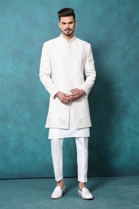 Millionaire Off White Silk Embroidery Cutdana And Thread Work Sherwani Set