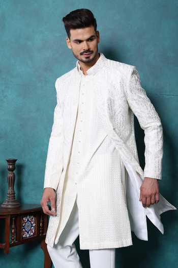 Shop Millionaire White Silk Embroidery, Metallic Thread Sherwani Set Online at Aza Fashions Shop_Millionaire_White Silk Embroidery, Metallic Thread Sherwani Set _Online_at_Aza_Fashions