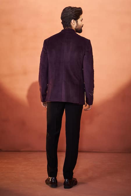 Shop Millionaire Wine Velvet Embroidery Bandhgala And Trouser Set at Aza Fashions Shop_Millionaire_Wine Velvet Embroidery Bandhgala And Trouser Set _at_Aza_Fashions