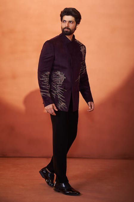 Millionaire Wine Velvet Embroidery Bandhgala And Trouser Set Online at Aza Fashions Millionaire_Wine Velvet Embroidery Bandhgala And Trouser Set _Online_at_Aza_Fashions
