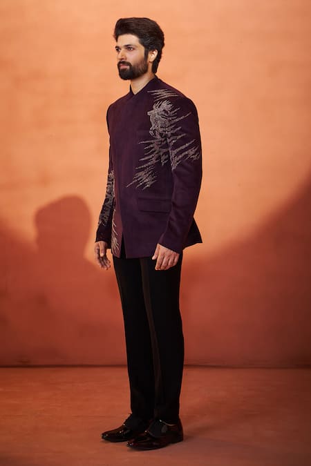 Buy Millionaire Wine Velvet Embroidery Bandhgala And Trouser Set Online at Aza Fashions Buy_Millionaire_Wine Velvet Embroidery Bandhgala And Trouser Set _Online_at_Aza_Fashions