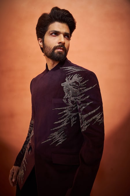 Shop Millionaire Wine Velvet Embroidery Bandhgala And Trouser Set Online at Aza Fashions Shop_Millionaire_Wine Velvet Embroidery Bandhgala And Trouser Set _Online_at_Aza_Fashions