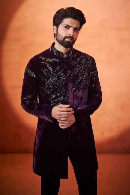 Millionaire Wine Velvet Stones, Embroidery Handcrafted Work Sherwani Set Online at Aza Fashions Millionaire_Wine Velvet Stones, Embroidery Handcrafted Work Sherwani Set _Online_at_Aza_Fashions