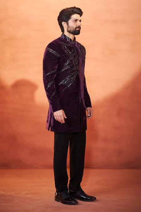 Buy Millionaire Wine Velvet Stones, Embroidery Handcrafted Work Sherwani Set Online at Aza Fashions Buy_Millionaire_Wine Velvet Stones, Embroidery Handcrafted Work Sherwani Set _Online_at_Aza_Fashions