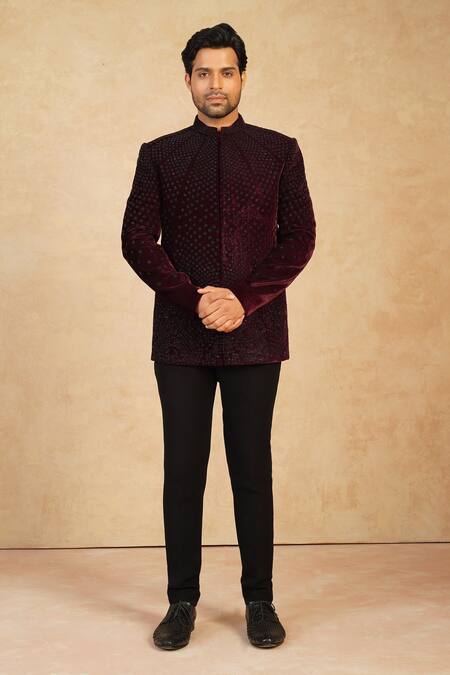 Millionaire Wine Velvet Embroidery, Beads Jodhpuri And Trouser Set