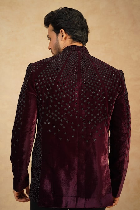 Shop Millionaire Wine Velvet Embroidery, Beads Jodhpuri And Trouser Set at Aza Fashions Shop_Millionaire_Wine Velvet Embroidery, Beads Jodhpuri And Trouser Set _at_Aza_Fashions