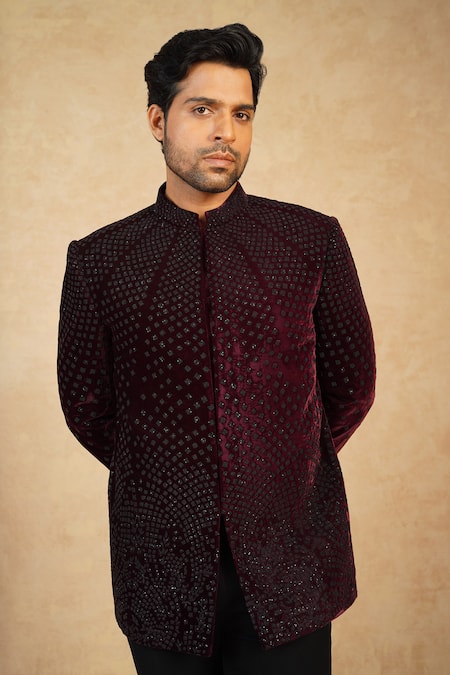 Millionaire Wine Velvet Embroidery, Beads Jodhpuri And Trouser Set Online at Aza Fashions Millionaire_Wine Velvet Embroidery, Beads Jodhpuri And Trouser Set _Online_at_Aza_Fashions