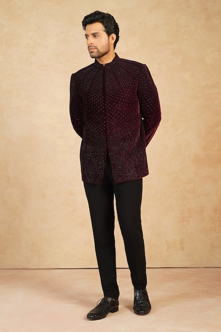 Buy Millionaire Wine Velvet Embroidery, Beads Jodhpuri And Trouser Set Online at Aza Fashions Buy_Millionaire_Wine Velvet Embroidery, Beads Jodhpuri And Trouser Set _Online_at_Aza_Fashions