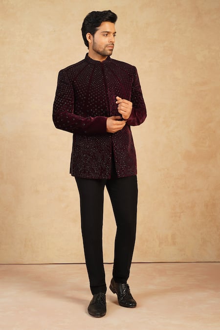 Shop Millionaire Wine Velvet Embroidery, Beads Jodhpuri And Trouser Set Online at Aza Fashions Shop_Millionaire_Wine Velvet Embroidery, Beads Jodhpuri And Trouser Set _Online_at_Aza_Fashions