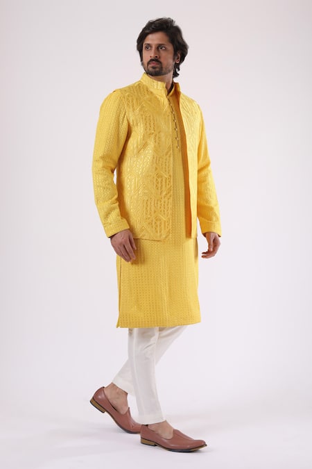 Millionaire_Yellow Cotton Embroidery Lucknowi Work Koti And Kurta Set _Online_at_Aza_Fashions