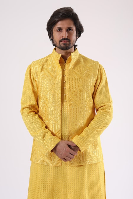 Shop_Millionaire_Yellow Cotton Embroidery Lucknowi Work Koti And Kurta Set _Online_at_Aza_Fashions