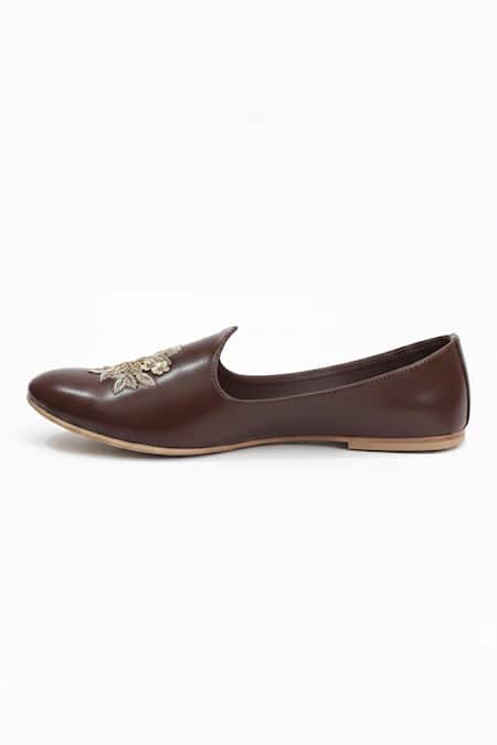 Shop_SCHON ZAPATO_Brown Mohey Floral Embroidered Loafers _Online_at_Aza_Fashions