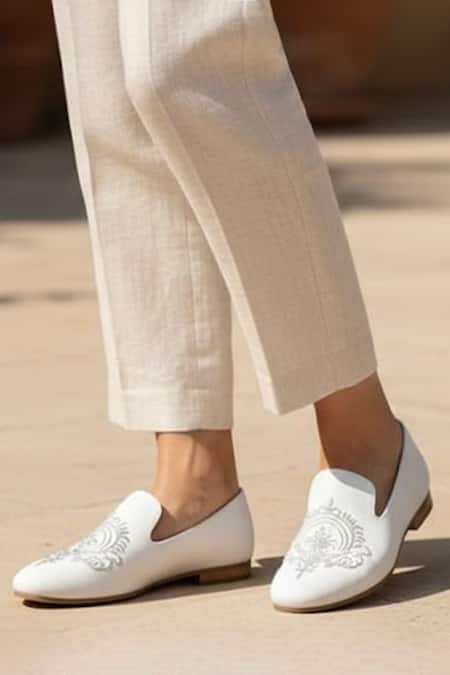 SCHON ZAPATO_White Embroidered Motif Loafers _Online_at_Aza_Fashions